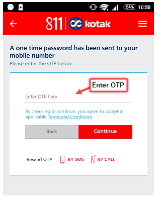 enter otp in kotak 118 account app