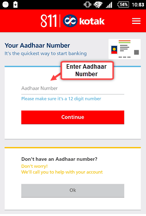 enter-aadhar no kotak 118 account app